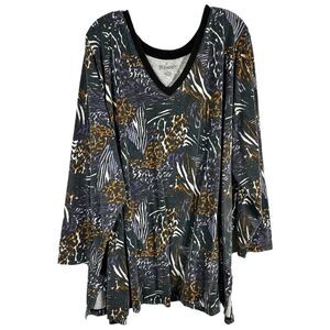Roamans Plus Size 4X Top 34W 36W V Neck Animal Print Purple Green Black 1493